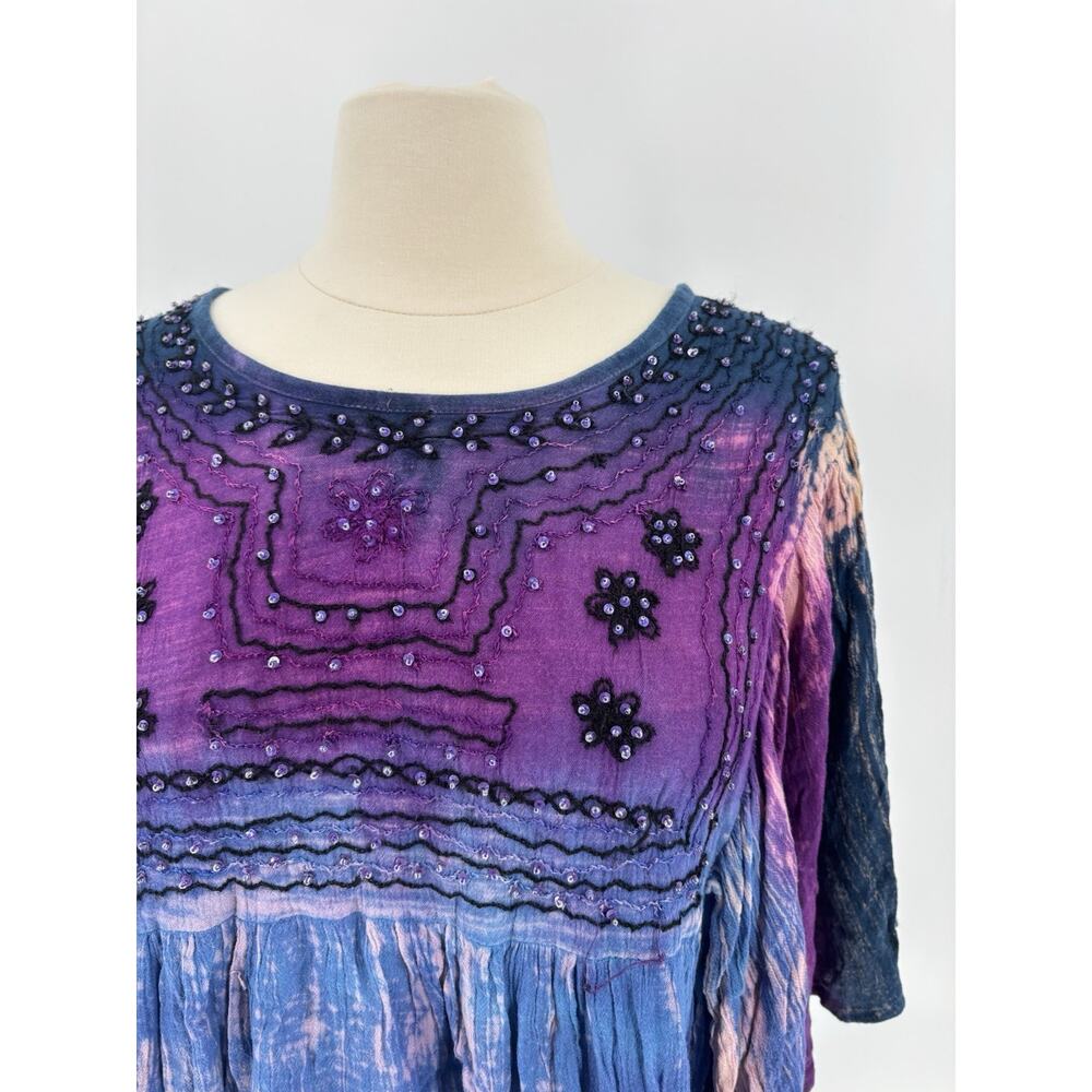 Greater Good Blouse Womens Large/XL Blue Purple Bohemian Beaded Sequins Tie Dye - Picture 2 of 16